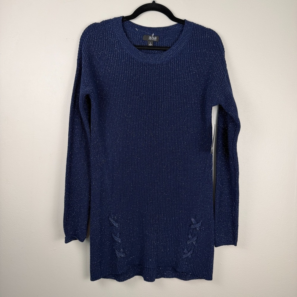 A.N.A Tunic Sweater Women's Small Navy Cotton Metallic Knit Crewneck Long Sleeve